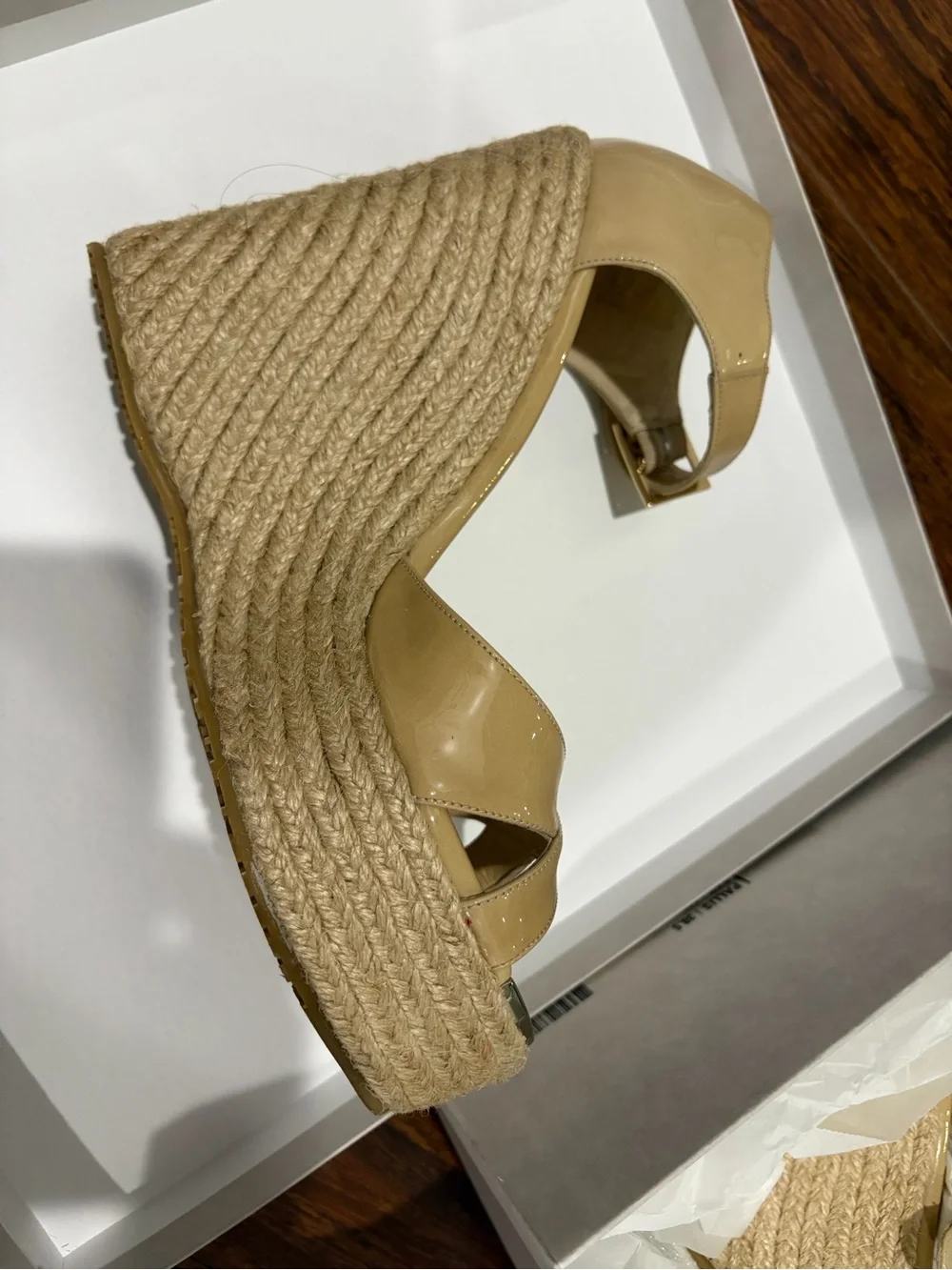 Jimmy Choo Beige Patent Espadrille Wedge Sandals